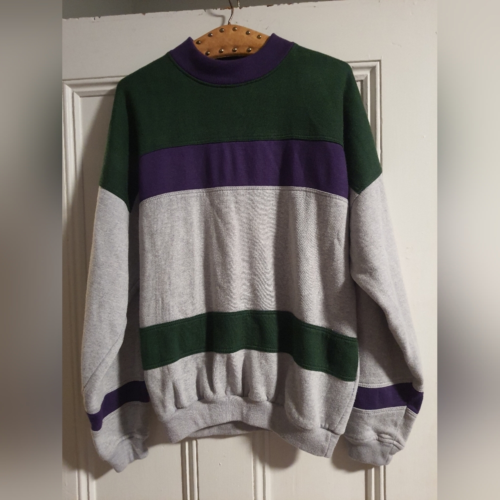 Vintage 90s McGregor Sweater Womens Size L Gray Purple Green Stripe Long Sleeve